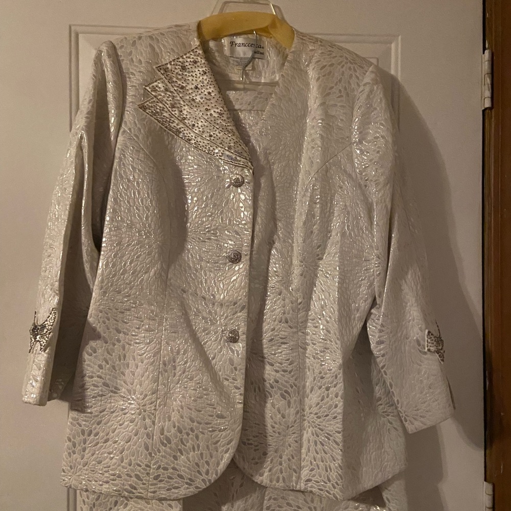 White and silver skirt suit